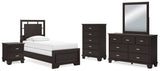 Covetown 6-Piece Twin Panel Bed with Mirrored Dresser, Chest and Nightstand (Twin Panel Headboard/Footboard and Slats, Twin/Full Bed Rails, Dresser, Bedroom Mirror, Chest of Drawers, Nightstand)