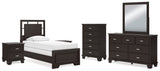 Covetown 7-Piece Twin Panel Bed with Mirrored Dresser, Chest and 2 Nightstands (Twin Panel Headboard/Footboard and Slats, Twin/Full Bed Rails, Dresser, Bedroom Mirror, Chest of Drawers, Nightstand, Nightstand)