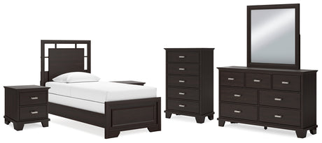 Covetown 7-Piece Twin Panel Bed with Mirrored Dresser, Chest and 2 Nightstands (Twin Panel Headboard/Footboard and Slats, Twin/Full Bed Rails, Dresser, Bedroom Mirror, Chest of Drawers, Nightstand, Nightstand)
