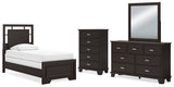 Covetown 5-Piece Twin Panel Bed with Mirrored Dresser and Chest (Twin Panel Headboard/Footboard and Slats, Twin/Full Bed Rails, Dresser, Bedroom Mirror, Chest of Drawers)