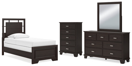 Covetown 5-Piece Twin Panel Bed with Mirrored Dresser and Chest (Twin Panel Headboard/Footboard and Slats, Twin/Full Bed Rails, Dresser, Bedroom Mirror, Chest of Drawers)
