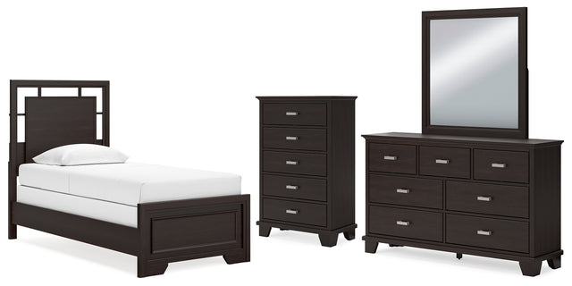 Covetown 5-Piece Twin Panel Bed with Mirrored Dresser and Chest (Twin Panel Headboard/Footboard and Slats, Twin/Full Bed Rails, Dresser, Bedroom Mirror, Chest of Drawers)