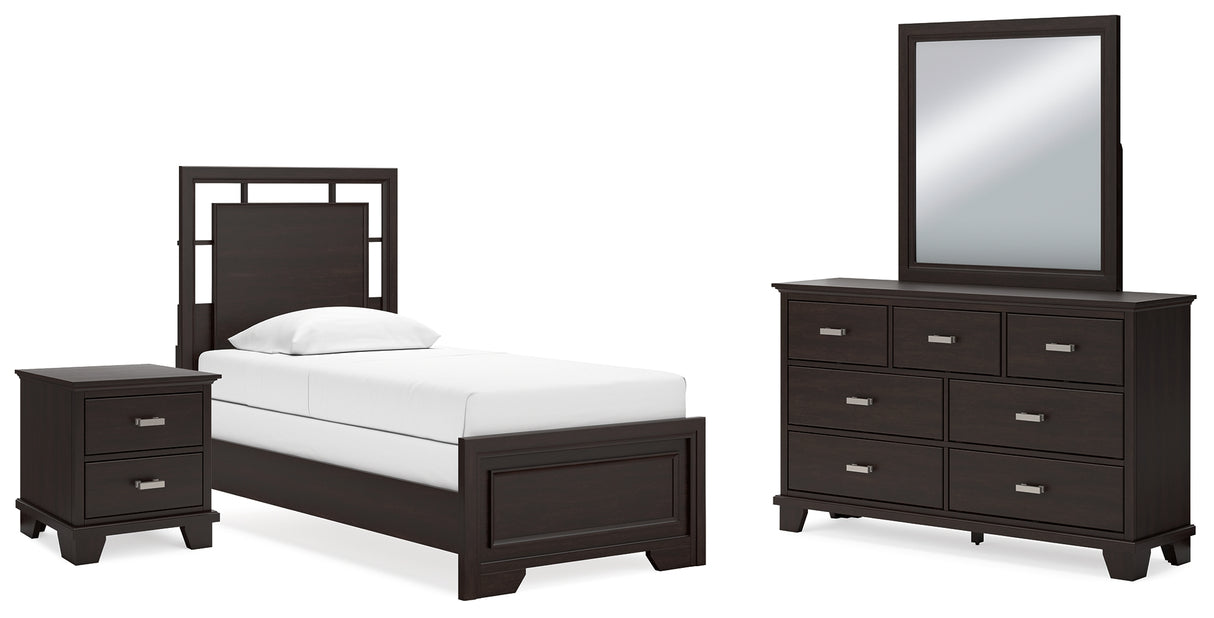Covetown 5-Piece Twin Panel Bed with Mirrored Dresser and Nightstand (Twin Panel Headboard/Footboard and Slats, Twin/Full Bed Rails, Dresser, Bedroom Mirror, Nightstand)