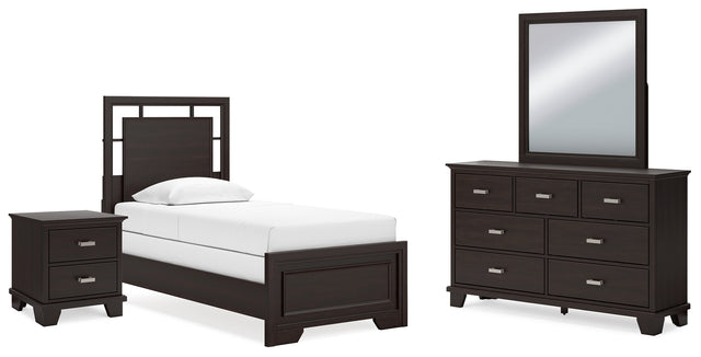Covetown 5-Piece Twin Panel Bed with Mirrored Dresser and Nightstand (Twin Panel Headboard/Footboard and Slats, Twin/Full Bed Rails, Dresser, Bedroom Mirror, Nightstand)