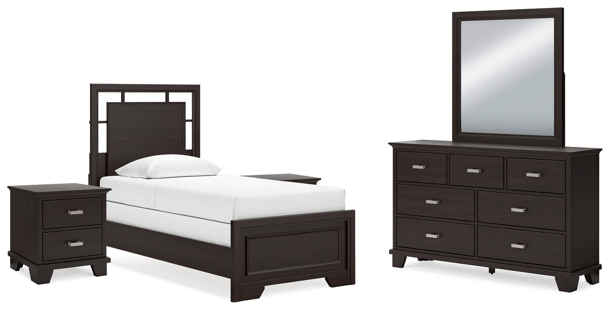 Covetown 6-Piece Twin Panel Bed with Mirrored Dresser and 2 Nightstands (Twin Panel Headboard/Footboard and Slats, Twin/Full Bed Rails, Dresser, Bedroom Mirror, Nightstand, Nightstand)