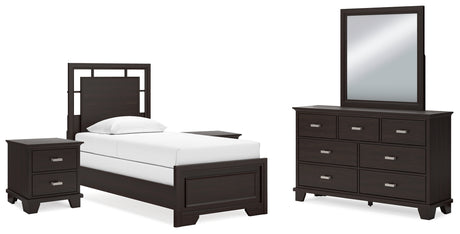 Covetown 6-Piece Twin Panel Bed with Mirrored Dresser and 2 Nightstands (Twin Panel Headboard/Footboard and Slats, Twin/Full Bed Rails, Dresser, Bedroom Mirror, Nightstand, Nightstand)