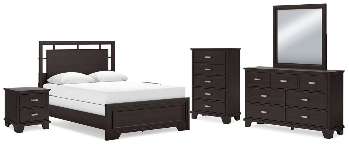 Covetown 7-Piece Queen Panel Bed with Mirrored Dresser, Chest and 2 Nightstands (Queen Panel Headboard/Footboard and Slats, Queen/King Panel Rails, Dresser, Bedroom Mirror, Chest of Drawers, Nightstand, Nightstand)