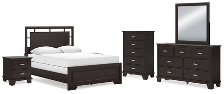 Covetown 7-Piece Queen Panel Bed with Mirrored Dresser, Chest and 2 Nightstands (Queen Panel Headboard/Footboard and Slats, Queen/King Panel Rails, Dresser, Bedroom Mirror, Chest of Drawers, Nightstand, Nightstand)