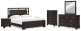 Covetown 7-Piece California King Panel Bed with Mirrored Dresser, Chest and 2 Nightstands (King/California King Panel Headboard/Footboard and Slats, California King Panel Rails, Dresser, Bedroom Mirror, Chest of Drawers, Nightstand, Nightstand)
