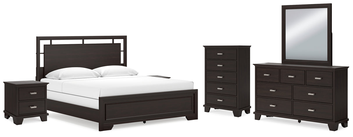 Covetown 7-Piece King Panel Bed with Mirrored Dresser, Chest and 2 Nightstands (King/California King Panel Headboard/Footboard and Slats, Queen/King Panel Rails, Dresser, Bedroom Mirror, Chest of Drawers, Nightstand, Nightstand)