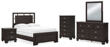 Covetown 6-Piece Full Panel Bed with Mirrored Dresser, Chest and Nightstand (Twin/Full Bed Rails, Full Panel Headboard/Footboard and Slats, Dresser, Bedroom Mirror, Chest of Drawers, Nightstand)