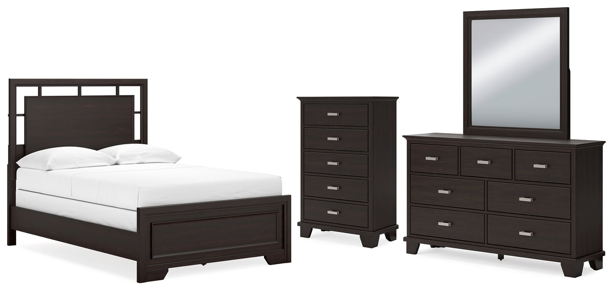 Covetown 5-Piece Full Panel Bed with Mirrored Dresser and Chest (Twin/Full Bed Rails, Full Panel Headboard/Footboard and Slats, Dresser, Bedroom Mirror, Chest of Drawers)