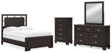 Covetown 5-Piece Full Panel Bed with Mirrored Dresser and Chest (Twin/Full Bed Rails, Full Panel Headboard/Footboard and Slats, Dresser, Bedroom Mirror, Chest of Drawers)