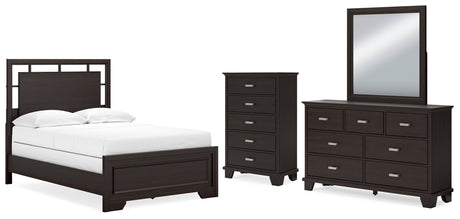 Covetown 5-Piece Full Panel Bed with Mirrored Dresser and Chest (Twin/Full Bed Rails, Full Panel Headboard/Footboard and Slats, Dresser, Bedroom Mirror, Chest of Drawers)