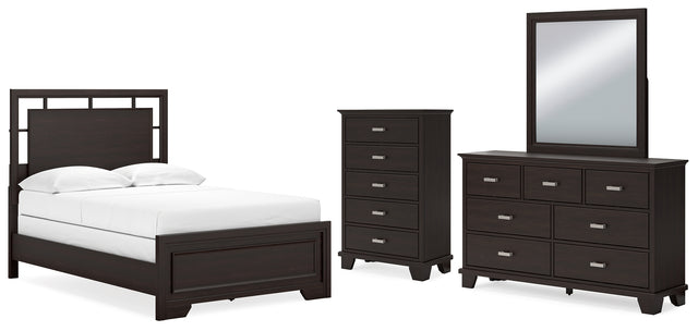 Covetown 5-Piece Full Panel Bed with Mirrored Dresser and Chest (Twin/Full Bed Rails, Full Panel Headboard/Footboard and Slats, Dresser, Bedroom Mirror, Chest of Drawers)