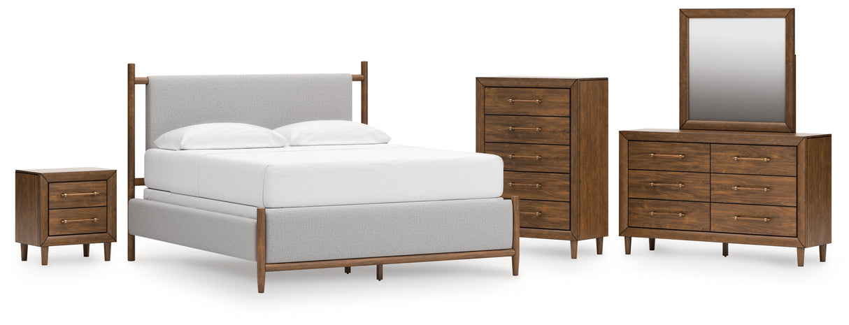 Lyncott 6-Piece California King Upholstered Bed with Mirrored Dresser, Chest and Nightstand (King/California King Upholstered Headboard/Footboard/Slats, California King Upholstered Rails, Dresser, Bedroom Mirror, Chest of Drawers, Nightstand)