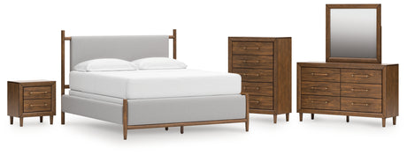 Lyncott 6-Piece California King Upholstered Bed with Mirrored Dresser, Chest and Nightstand (King/California King Upholstered Headboard/Footboard/Slats, California King Upholstered Rails, Dresser, Bedroom Mirror, Chest of Drawers, Nightstand)