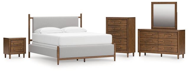 Lyncott 6-Piece California King Upholstered Bed with Mirrored Dresser, Chest and Nightstand (King/California King Upholstered Headboard/Footboard/Slats, California King Upholstered Rails, Dresser, Bedroom Mirror, Chest of Drawers, Nightstand)