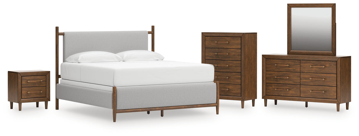 Lyncott 6-Piece King Upholstered Bed with Mirrored Dresser, Chest and Nightstand (King/California King Upholstered Headboard/Footboard/Slats, Queen/King Upholstered Rails, Dresser, Bedroom Mirror, Chest of Drawers, Nightstand)
