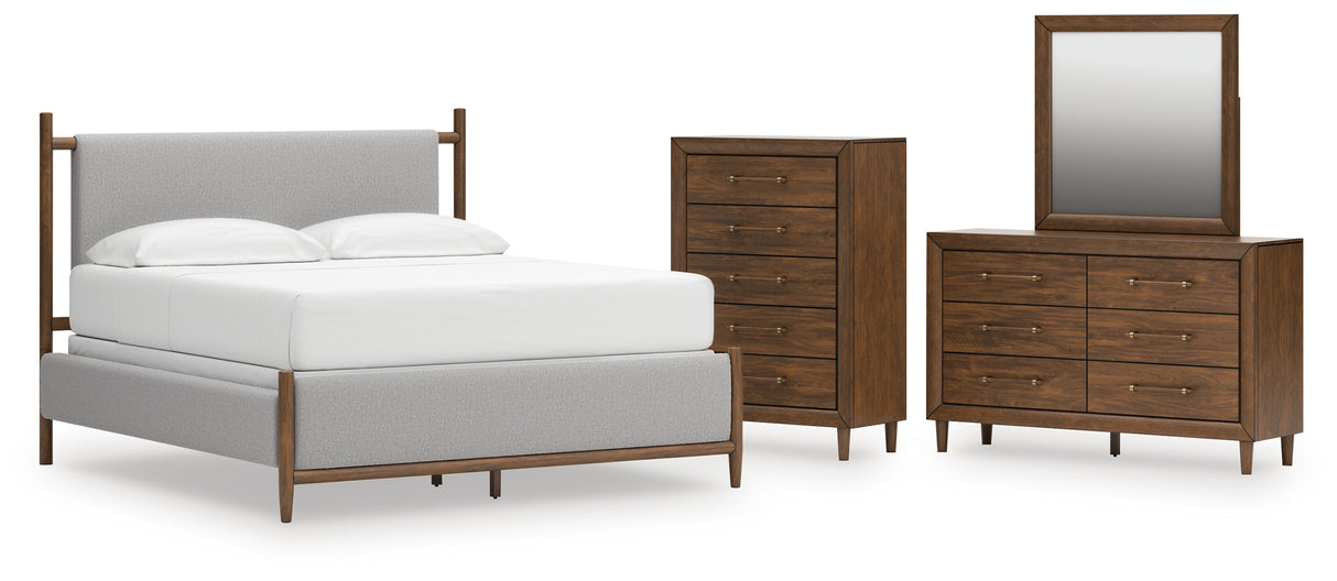 Lyncott 5-Piece California King Upholstered Bed with Mirrored Dresser and Chest (King/California King Upholstered Headboard/Footboard/Slats, California King Upholstered Rails, Dresser, Bedroom Mirror, Chest of Drawers)