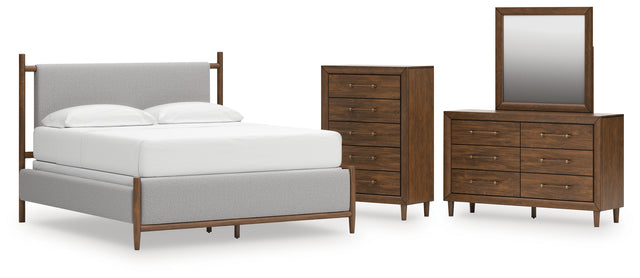 Lyncott 5-Piece California King Upholstered Bed with Mirrored Dresser and Chest (King/California King Upholstered Headboard/Footboard/Slats, California King Upholstered Rails, Dresser, Bedroom Mirror, Chest of Drawers)