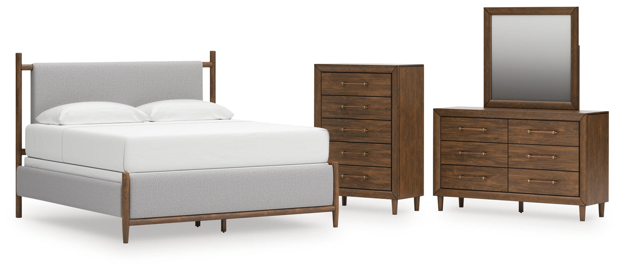 Lyncott 5-Piece King Upholstered Bed with Mirrored Dresser and Chest (King/California King Upholstered Headboard/Footboard/Slats, Queen/King Upholstered Rails, Dresser, Bedroom Mirror, Chest of Drawers)