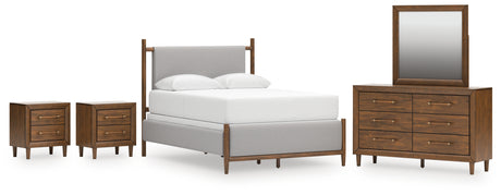 Lyncott 6-Piece Queen Upholstered Bed with Mirrored Dresser and 2 Nightstands (Queen Upholstered Headboard/Footboard/Slats, Queen/King Upholstered Rails, Dresser, Bedroom Mirror, Nightstand, Nightstand)