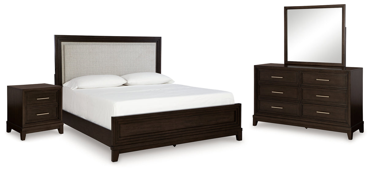 Neymorton Queen Upholstered Panel Bed, Dresser, Mirror and Nightstand
