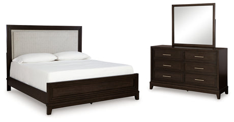 Neymorton California King Upholstered Panel Bed, Dresser and Mirror (Bed Size: California King)