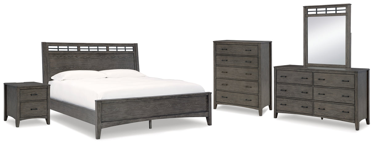 Montillan 7-Piece Queen Panel Bed with Mirrored Dresser, Chest and Nightstand (Queen Panel Footboard with Slats, Queen Panel Headboard, Queen/King Panel Rails, Dresser, Bedroom Mirror, Chest of Drawers, Nightstand)
