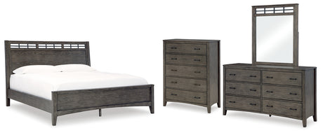 Montillan 6-Piece California King Panel Bed with Mirrored Dresser and Chest (King/California King Panel Footboard with Slats, King/California King Panel Headboard, California King Panel Rails, Dresser, Bedroom Mirror, Chest of Drawers)