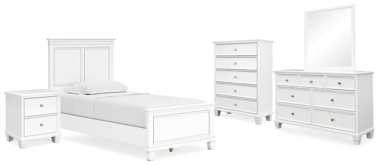 Fortman 7-Piece Twin Panel Bed with Mirrored Dresser, Chest and Nightstand (Twin Panel Footboard, Twin Panel Headboard, Twin/Full Panel Rails, Dresser, Bedroom Mirror, Chest of Drawers, Nightstand)