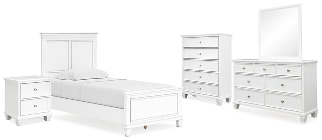Fortman 7-Piece Twin Panel Bed with Mirrored Dresser, Chest and Nightstand (Twin Panel Footboard, Twin Panel Headboard, Twin/Full Panel Rails, Dresser, Bedroom Mirror, Chest of Drawers, Nightstand)