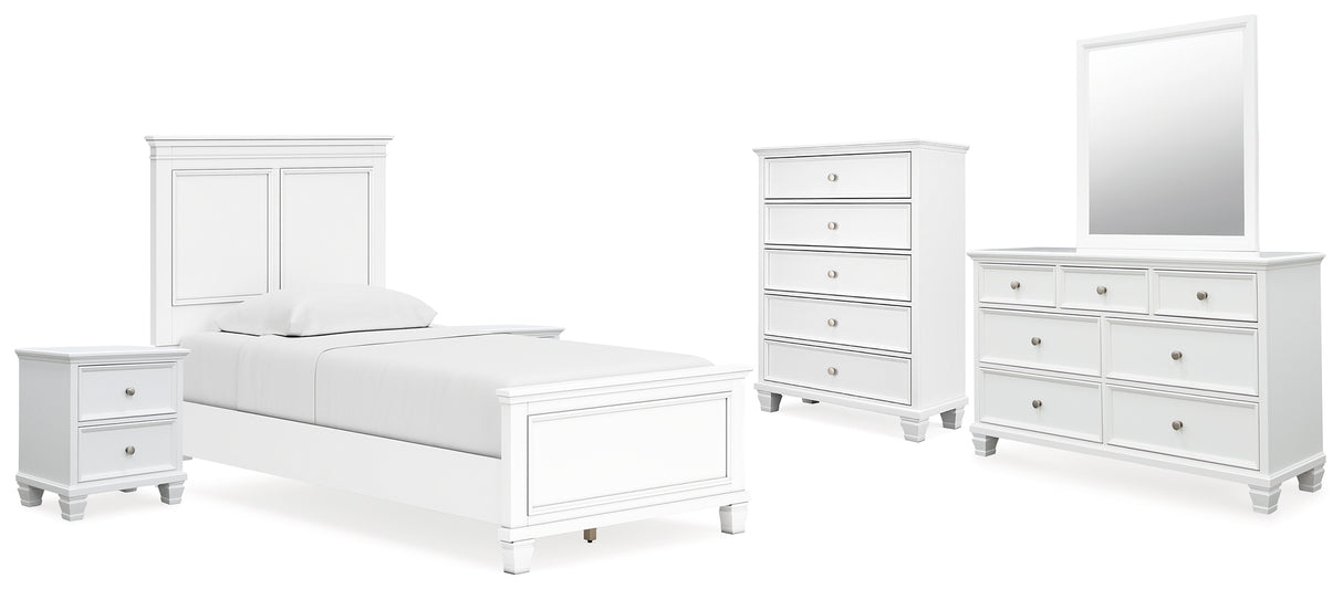 Fortman 8-Piece Twin Panel Bed with Mirrored Dresser, Chest and 2 Nightstands (Twin Panel Footboard, Twin Panel Headboard, Twin/Full Panel Rails, Dresser, Bedroom Mirror, Chest of Drawers, Nightstand, Nightstand)