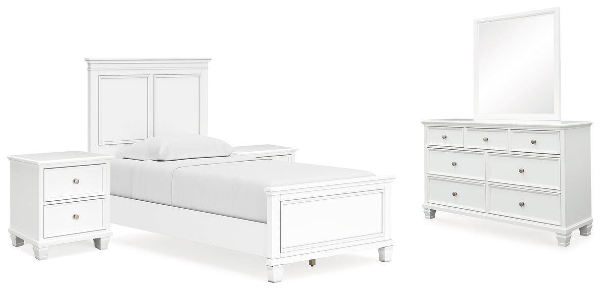 Fortman 7-Piece Twin Panel Bed with Mirrored Dresser and 2 Nightstands (Twin Panel Footboard, Twin Panel Headboard, Twin/Full Panel Rails, Dresser, Bedroom Mirror, Nightstand, Nightstand)