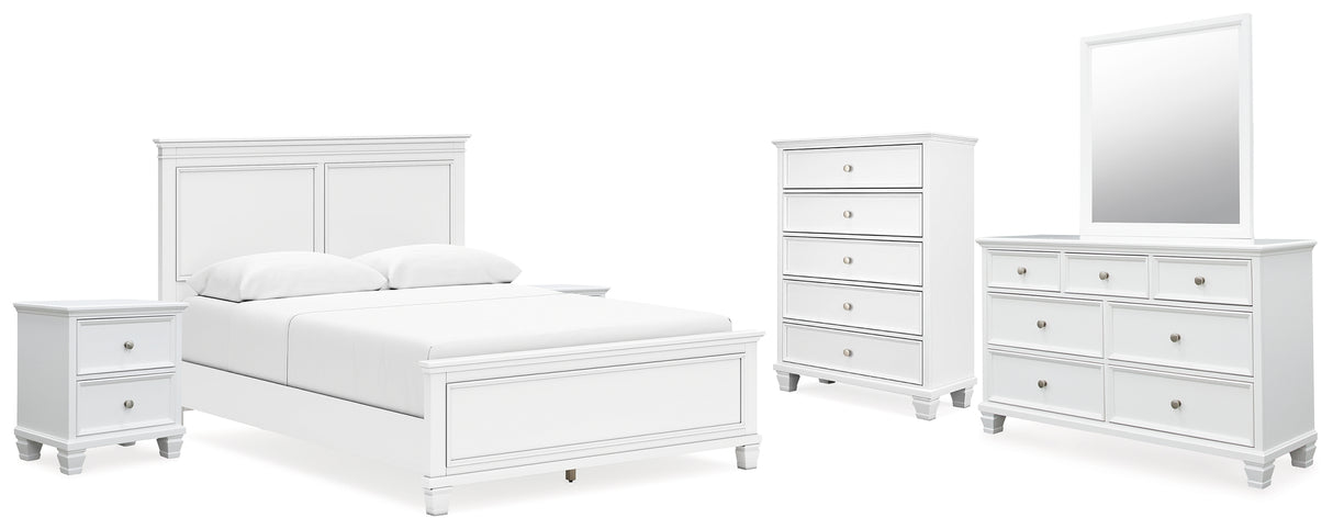 Fortman 8-Piece Queen Panel Bed with Mirrored Dresser, Chest and 2 Nightstands (Queen Panel Footboard, Queen Panel Headboard, Queen/King Panel Rails, Dresser, Bedroom Mirror, Chest of Drawers, Nightstand, Nightstand)