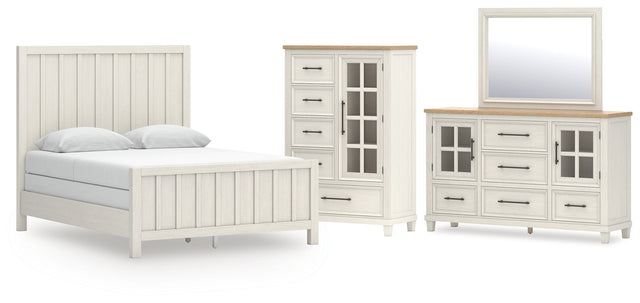 Shaybrock 5-Piece Queen Panel Bed with Mirrored Dresser and Chest (Queen Panel Headboard/Footboard/Slats, Queen/King Panel Rails, Dresser, Bedroom Mirror, Door Chest)