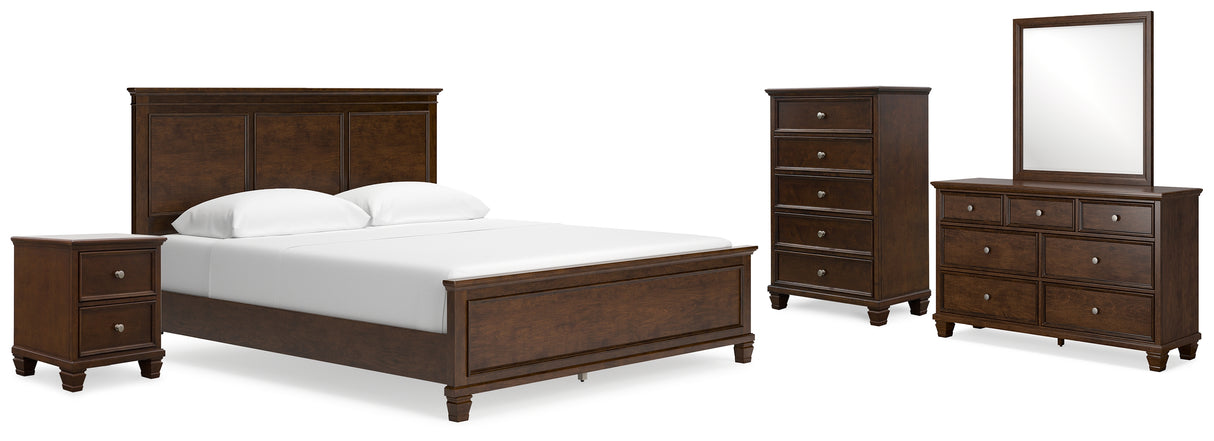 Danabrin 7-Piece California King Panel Bed with Mirrored Dresser, Chest and Nightstand (King/California King Panel Footboard, King/California King Panel Headboard, California King Panel Rails, Dresser, Bedroom Mirror, Chest of Drawers, Nightstand)