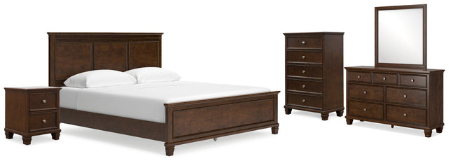 Danabrin 7-Piece California King Panel Bed with Mirrored Dresser, Chest and Nightstand (King/California King Panel Footboard, King/California King Panel Headboard, California King Panel Rails, Dresser, Bedroom Mirror, Chest of Drawers, Nightstand)
