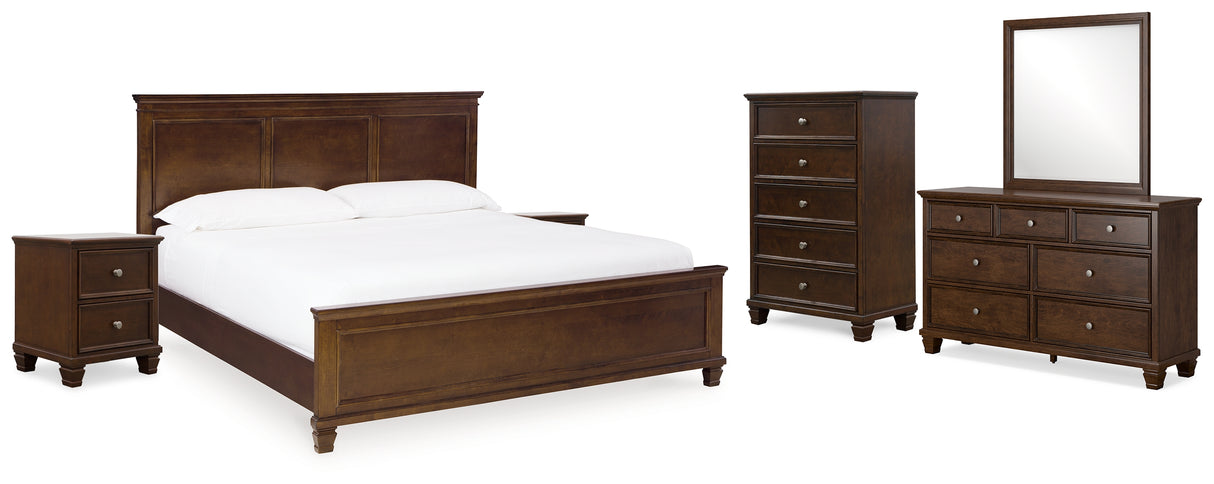 Danabrin 8-Piece King Panel Bed with Mirrored Dresser, Chest and 2 Nightstands (King/California King Panel Footboard, King/California King Panel Headboard, Queen/King Panel Rails, Dresser, Bedroom Mirror, Chest of Drawers, Nightstand, Nightstand)