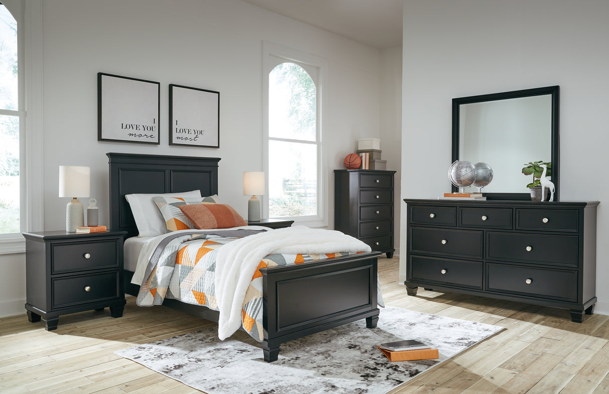 Lanolee 7-Piece Twin Panel Bed with Mirrored Dresser, Chest and Nightstand (Twin Panel Footboard, Twin Panel Headboard, Twin/Full Panel Rails, Dresser, Bedroom Mirror, Nightstand, Chest of Drawers)