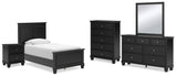Lanolee 7-Piece Twin Panel Bed with Mirrored Dresser, Chest and Nightstand (Twin Panel Footboard, Twin Panel Headboard, Twin/Full Panel Rails, Dresser, Bedroom Mirror, Nightstand, Chest of Drawers)