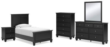 Lanolee 7-Piece Twin Panel Bed with Mirrored Dresser, Chest and Nightstand (Twin Panel Footboard, Twin Panel Headboard, Twin/Full Panel Rails, Dresser, Bedroom Mirror, Nightstand, Chest of Drawers)
