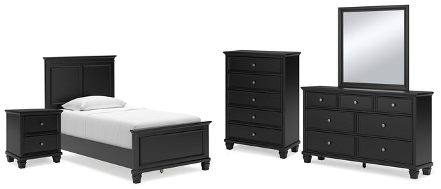 Lanolee 7-Piece Twin Panel Bed with Mirrored Dresser, Chest and Nightstand (Twin Panel Footboard, Twin Panel Headboard, Twin/Full Panel Rails, Dresser, Bedroom Mirror, Nightstand, Chest of Drawers)