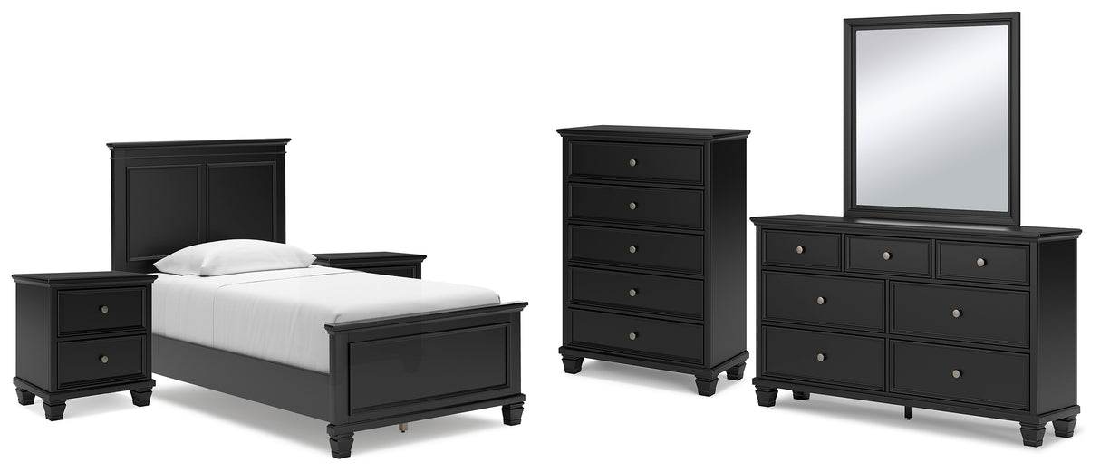 Lanolee 8-Piece Twin Panel Bed with Mirrored Dresser, Chest and 2 Nightstands (Twin Panel Footboard, Twin Panel Headboard, Twin/Full Panel Rails, Dresser, Bedroom Mirror, Chest of Drawers, Nightstand, Nightstand)