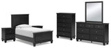 Lanolee 8-Piece Twin Panel Bed with Mirrored Dresser, Chest and 2 Nightstands (Twin Panel Footboard, Twin Panel Headboard, Twin/Full Panel Rails, Dresser, Bedroom Mirror, Chest of Drawers, Nightstand, Nightstand)