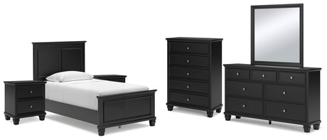 Lanolee 8-Piece Twin Panel Bed with Mirrored Dresser, Chest and 2 Nightstands (Twin Panel Footboard, Twin Panel Headboard, Twin/Full Panel Rails, Dresser, Bedroom Mirror, Chest of Drawers, Nightstand, Nightstand)