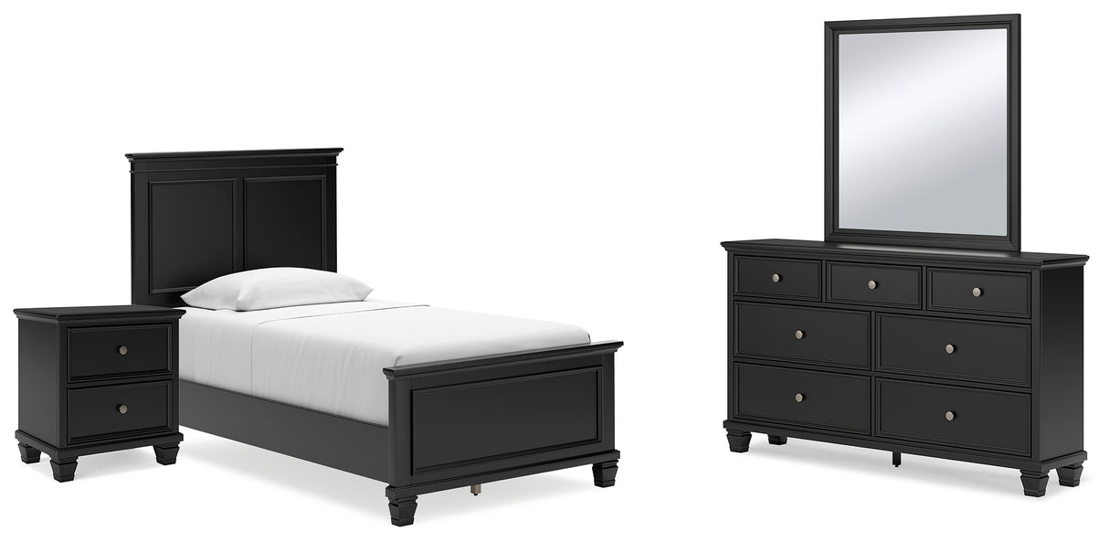 Lanolee 6-Piece Twin Panel Bed with Mirrored Dresser and Nightstand (Twin Panel Footboard, Twin Panel Headboard, Twin/Full Panel Rails, Dresser, Bedroom Mirror, Nightstand)