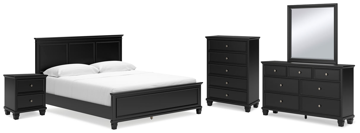 Lanolee 7-Piece California King Panel Bed with Mirrored Dresser, Chest and Nightstand (King/California King Panel Footboard, King/California King Panel Headboard, California King Panel Rails, Dresser, Bedroom Mirror, Chest of Drawers, Nightstand)