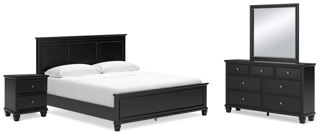 Lanolee 6-Piece California King Panel Bed with Mirrored Dresser and Nightstand (King/California King Panel Footboard, King/California King Panel Headboard, California King Panel Rails, Dresser, Bedroom Mirror, Nightstand)